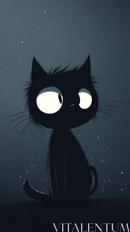 Midnight cartoon cat with oversized eyes in starry gloom.