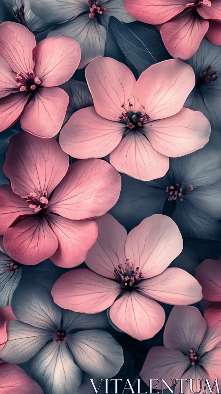 Pink and gray petaled flowers layered in dense botanical composition