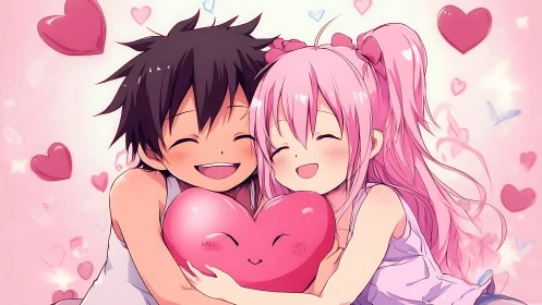Smiling anime couple embraces stylized heart cushion together