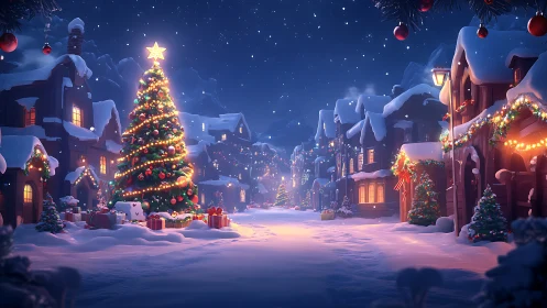 Snowy village street glowing with cozy Christmas magic.