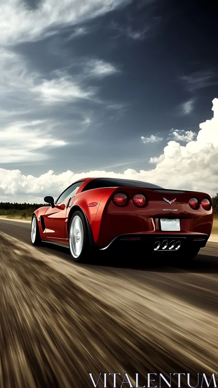 Red sports car accelerates on open highway under clouds