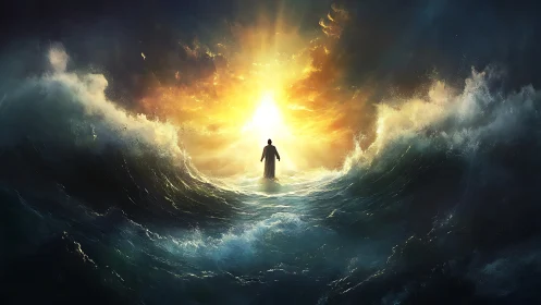Lone figure walks through parted storm sea toward radiant light