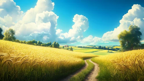 Sunlit wheat road curves through rolling farmland under clouds.