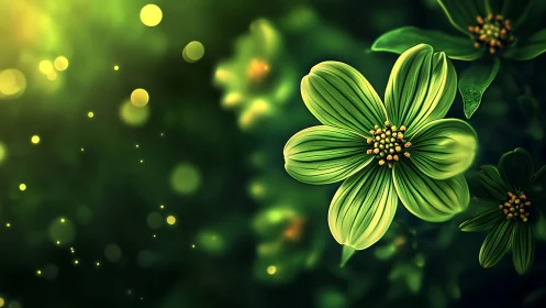 Green flowers with golden centers composed against luminous bokeh gradient.