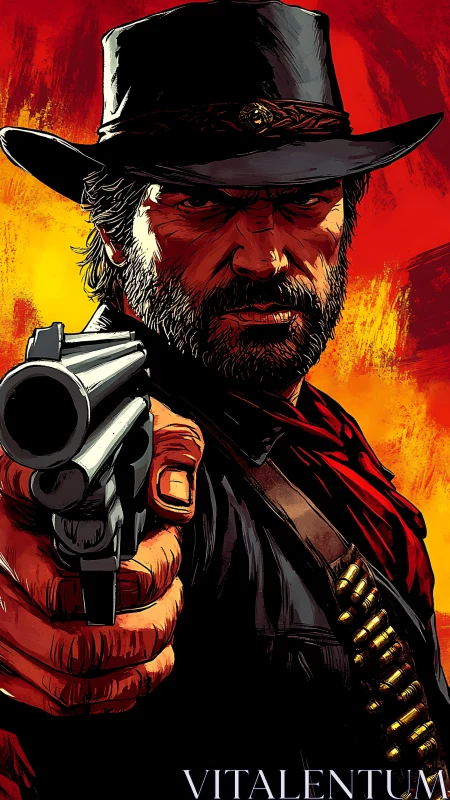 Gritty gunslinger portrait aiming revolver, red yellow backdrop