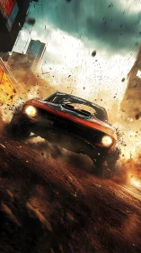 Muscle car powerslides through muddy city construction zone