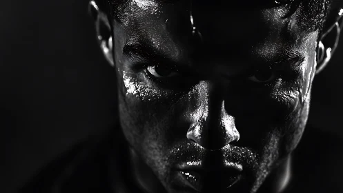 Intense low key portrait of sweaty male face in shadow.