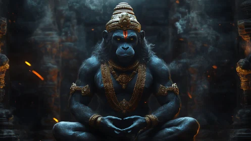 Blue simian deity sits in temple interior with ornaments