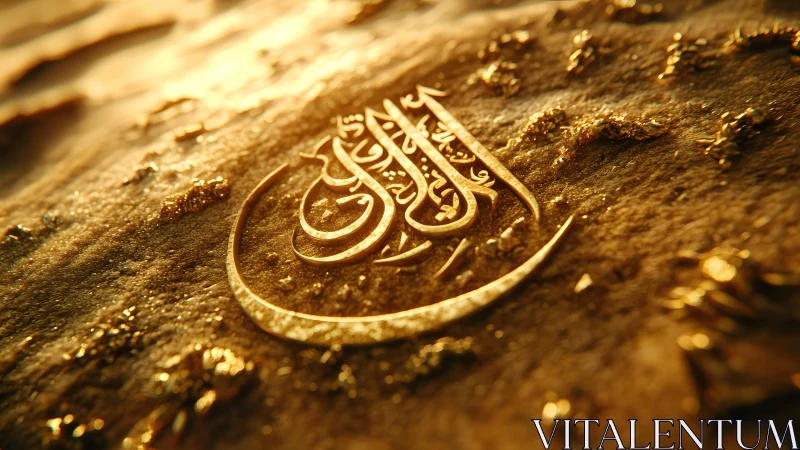 Elegant golden Arabic calligraphy on textured surface, warm lighting.