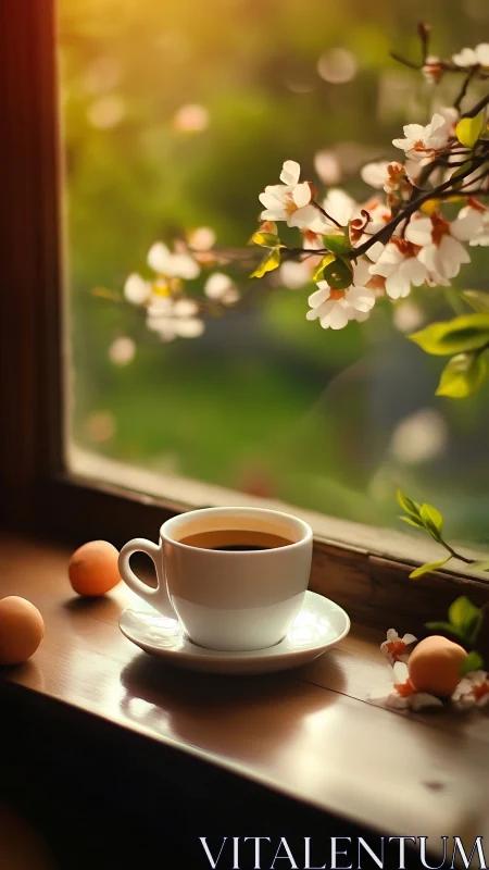 Sunlit coffee pause beneath tender spring blossoms at dawn.