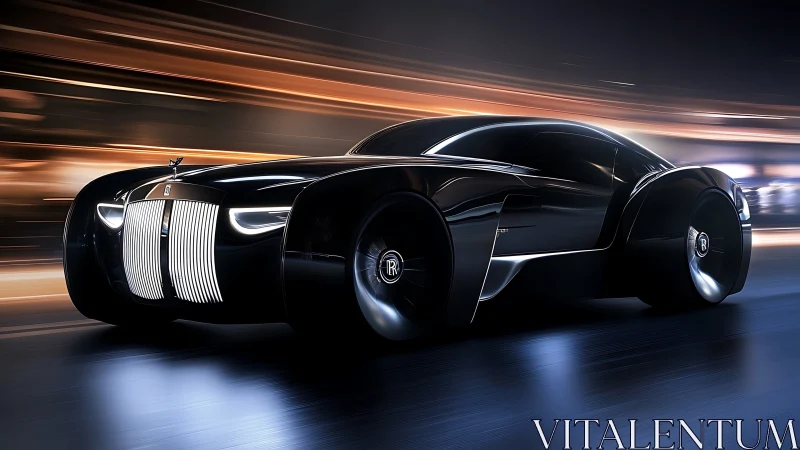 Midnight luxury concept car glides through glowing city streets