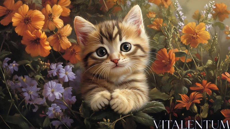Kitten surrounded by orange and purple wildflowers in garden setting