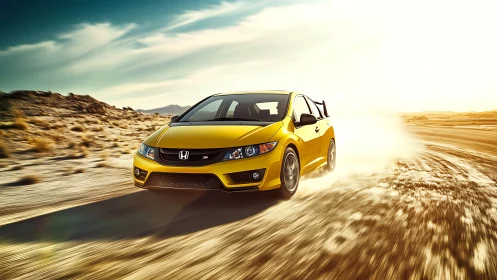 Yellow sport hatchback racing through sunlit desert road.