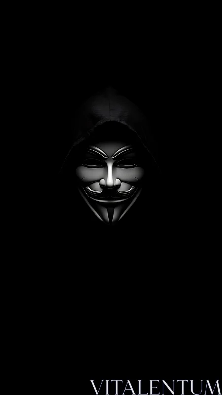Guy Fawkes mask centered in darkness with hooded figure
