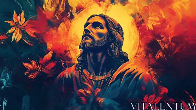 Digital portrait depicts a haloed figure amid abstract foliage