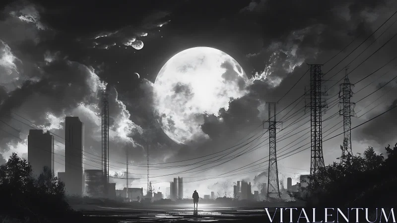 Solitary figure under large moon in dark industrial city.