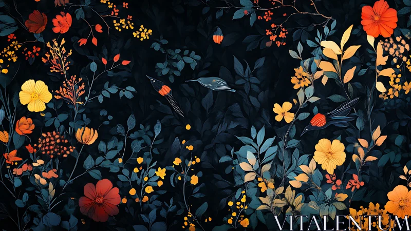 Moonlit Garden Serenade: Nocturnal Blossoms & Soaring Birds.