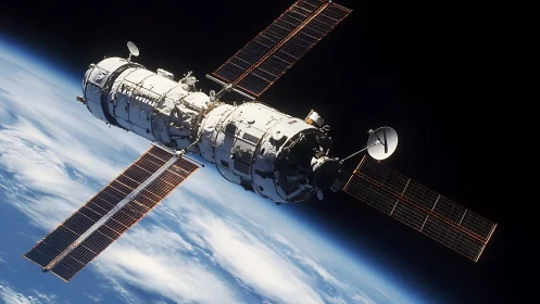 Photorealistic orbital satellite with extended solar arrays.