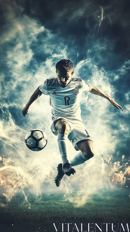 Soccer player in midair kick amid smoky stadium lights.