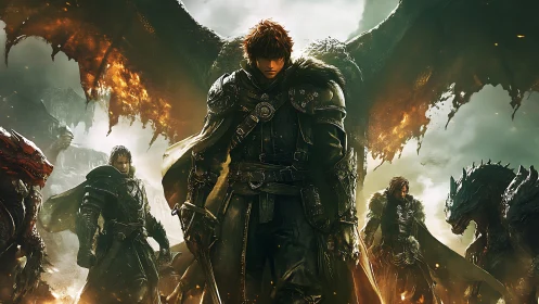 Battle-forged dragonknight strides through ember-choked dusk.