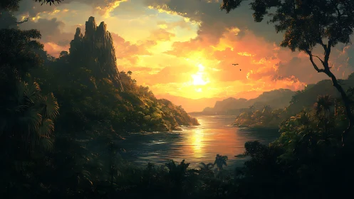 Tropical bay sunset over lush mountains and calm water.