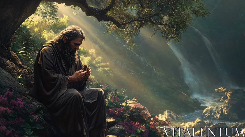 Solitary sage contemplates quietly beneath sunlit canopy.