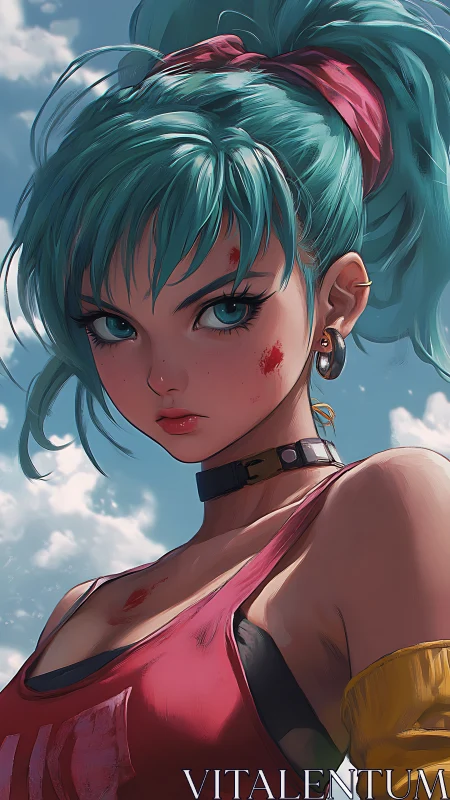Sky-bright rebel girl gazes forward with bold turquoise hair