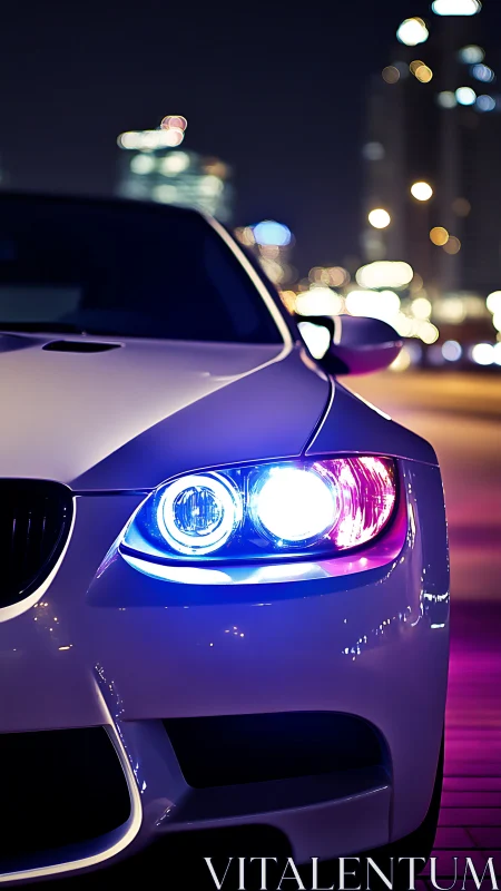 Night urban coupe close-up with neon headlight accents.