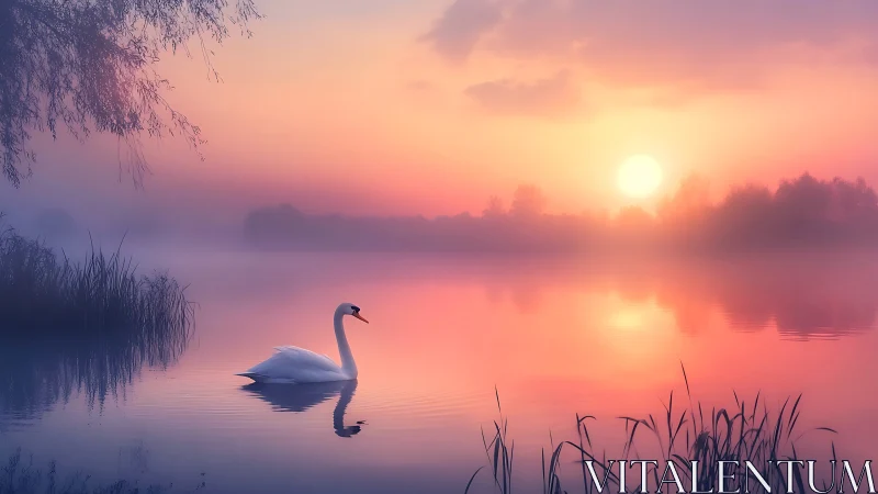 Swan drifts through misty sunrise on a pastel dreamlake.
