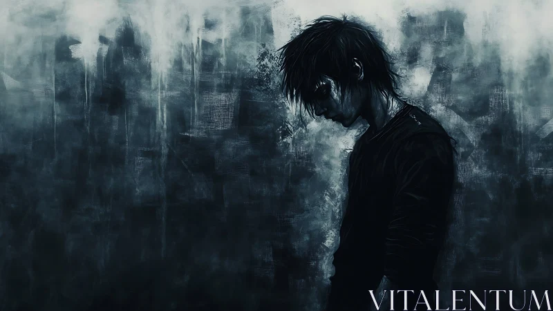 Solitary boy stands in moody blue shadows, lost in thought