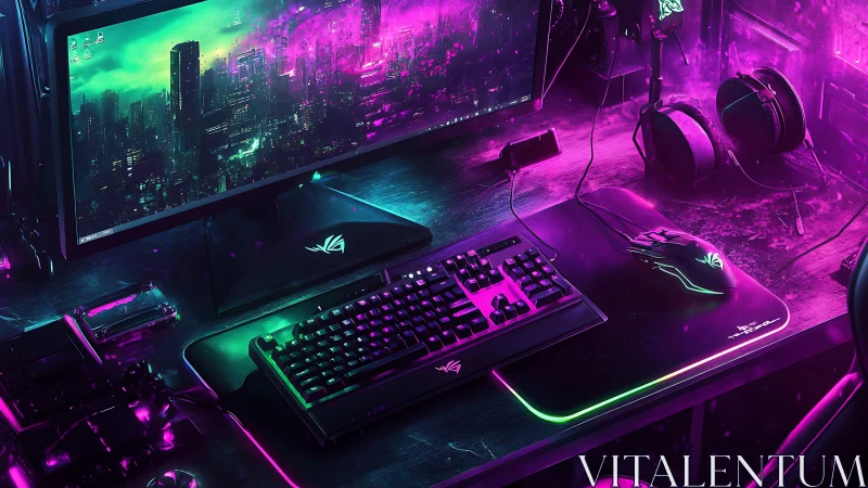 Neon-drenched battlestation hums beneath a digital night skyline