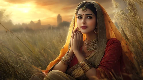 Sunlit Indian portrait shows ornate jewelry, textiles and bokeh field