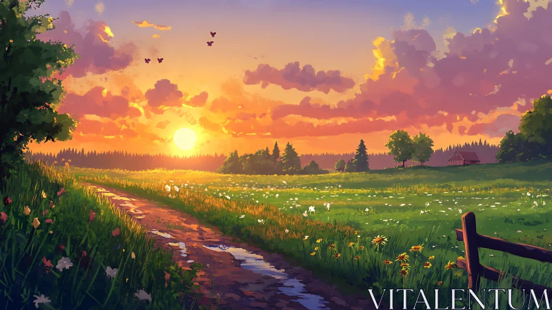 Sunset over rural meadow with dirt path and flowers.