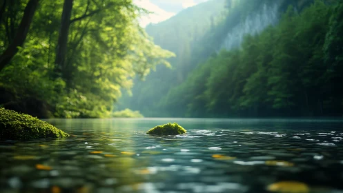 Sunlit forest river gently flowing through quiet green hills.