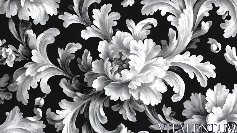 Monochrome floral scroll pattern on dark contrasting ground.