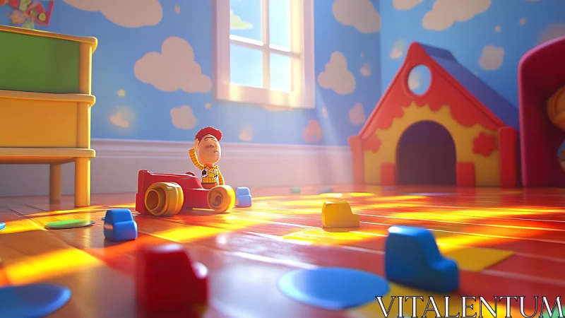 Toy cowboy figure sits in sunlit nursery playroom floor