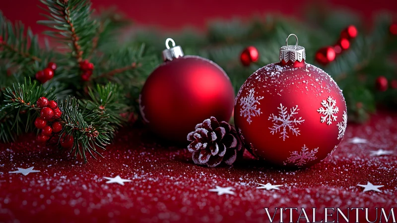 Red ornaments and foliage are arranged on a textured surface