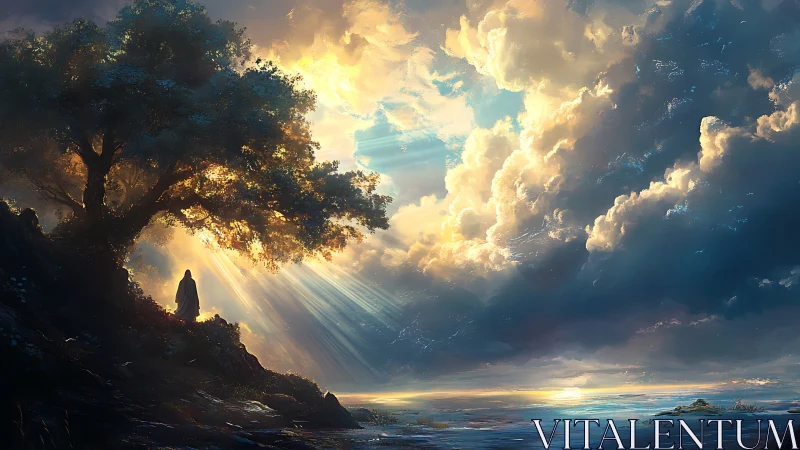 Solitary figure under radiant tree beside luminous sea.