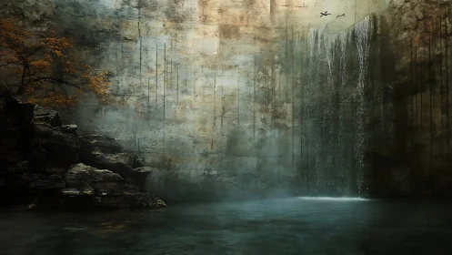 Silent cliffside waterfall whispering in a flooded stone atrium.