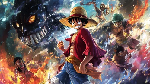 Dynamic shonen heroes in high-impact elemental battle panorama