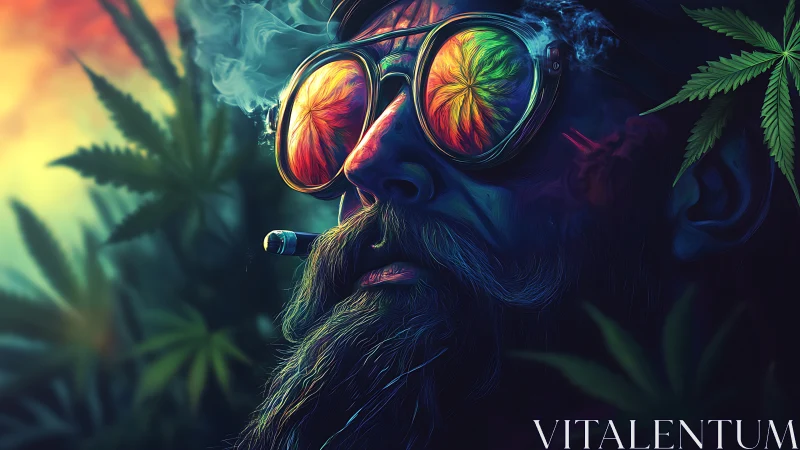 Psychedelic sage in neon cannabis reflection goggles.