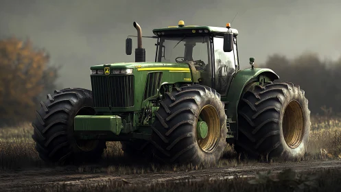 Quad-wheel green agricultural tractor in misty field light