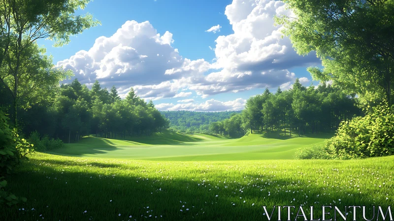 High-dynamic-range golf fairway under volumetric cloud lighting