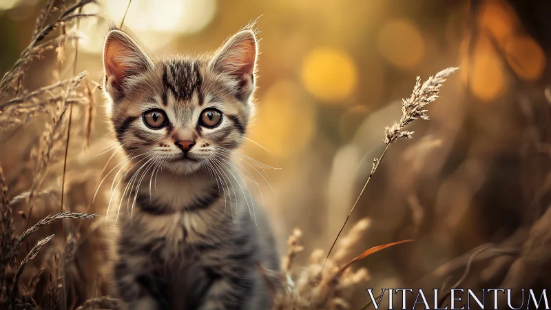Tabby Kitten Portrait in Golden Hour Meadow with Bokeh Background