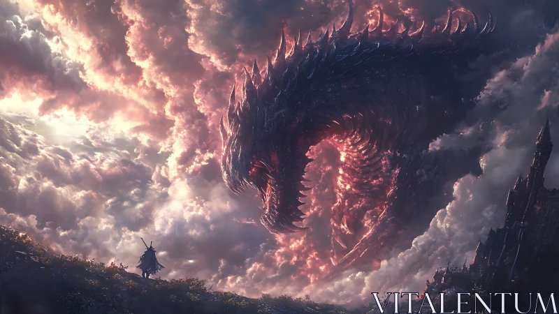 Storm-lit dragon eclipse above lone fantasy warrior.