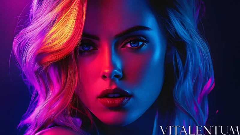 Neon-lit digital portrait of woman in tri-color lighting.
