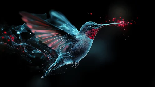 Neon hummingbird rendered as luminous digital concept form