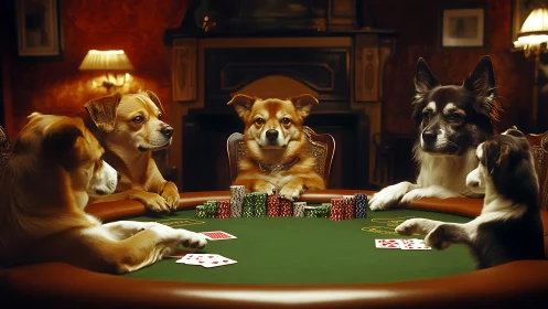 Photorealistic canine poker tableau in warm interior lighting.