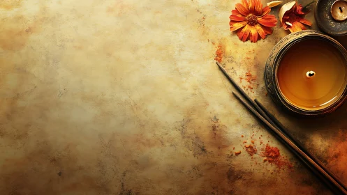 Amber hush of incense and petals on weathered gold calm.