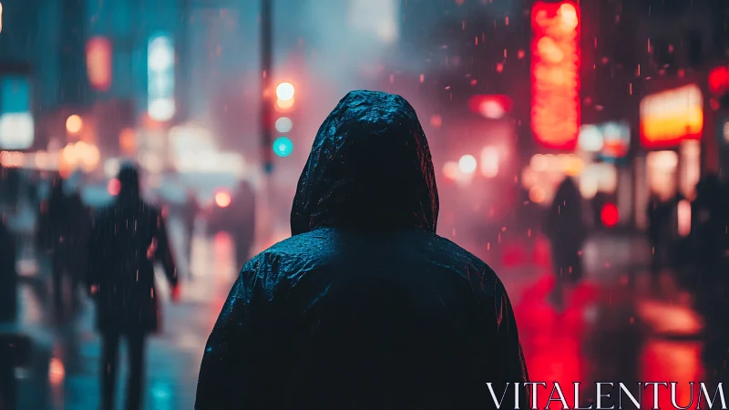 Lone hooded wanderer in a neon soaked rainy night street.